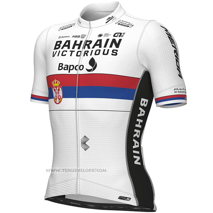 2023 Maillot Cyclisme Serbian Champion Bahrain Victorious Blanc Rouge Bleu Manches Courtes et Cuissard